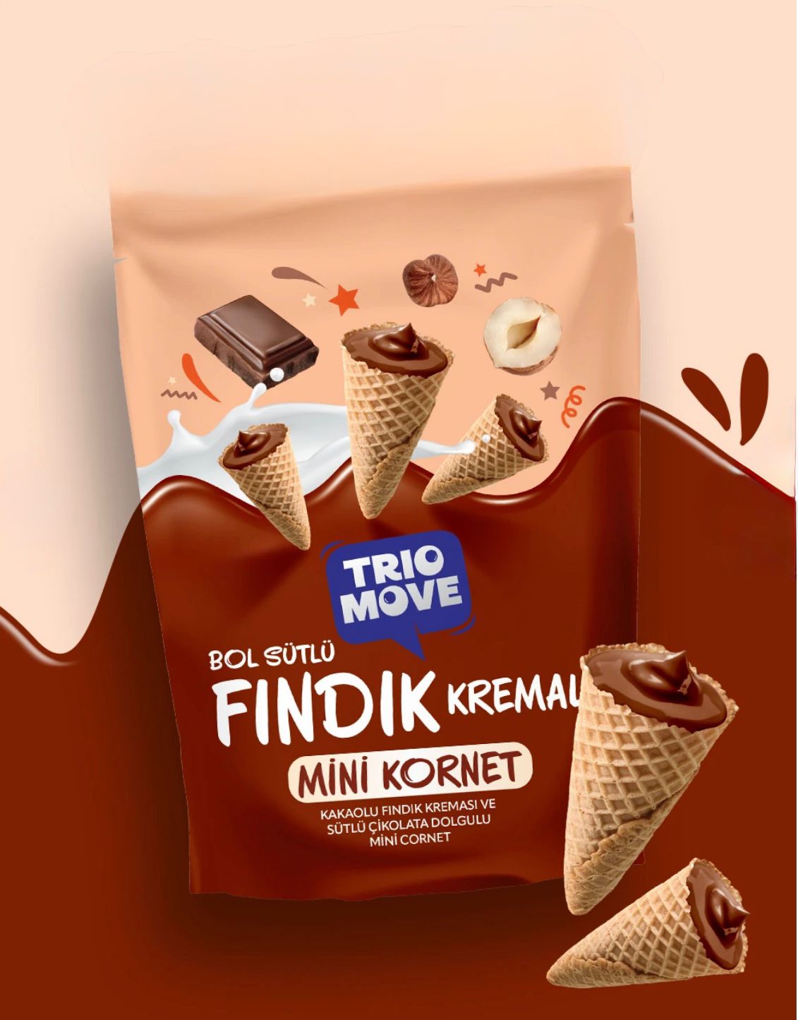 WhatsApp Image 2025-10-30 at 23.10.57 Trio Move Bol Sütlü Fındık Kremalı Mini Kornet 55g - Görsel 1